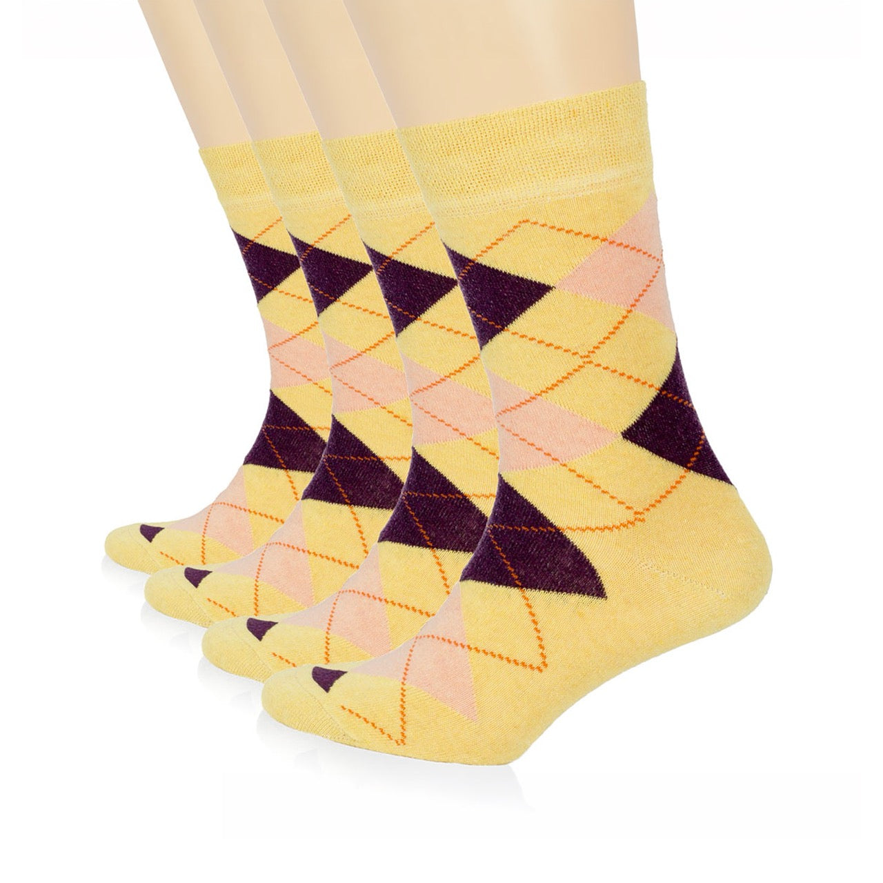 Hugh Ugoli Colorful Cotton Dress Crew Argyle Socks for Women, 4 Pairs in Yellow